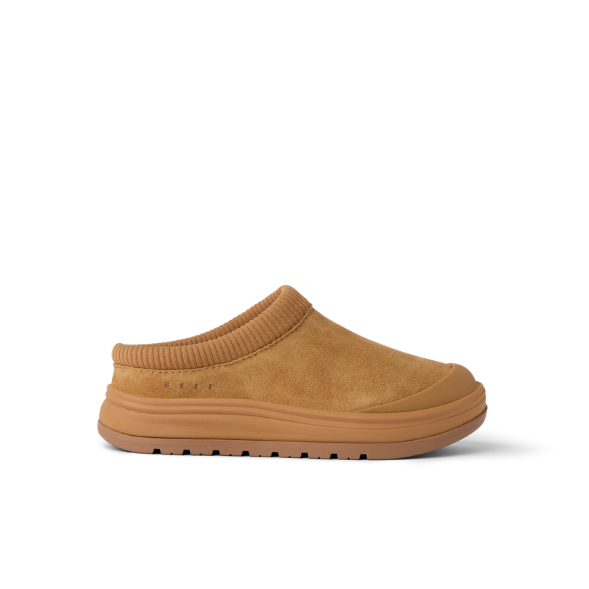 Campfire Lodge suede clog facing right with cushioned sole and arch support