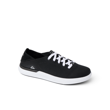 Side view of Neptune HT men's black sneaker with white sole and laces, featuring REEF's soft cushioning and arch support.
