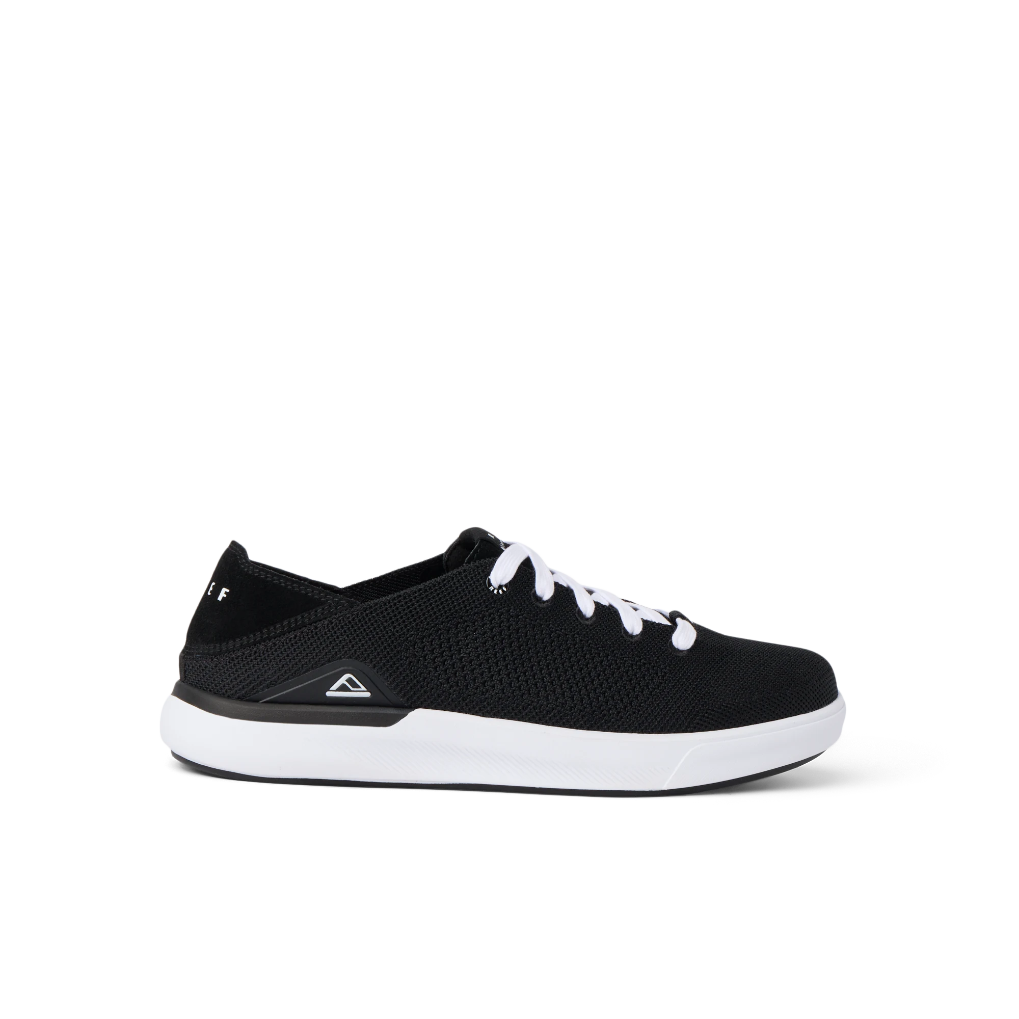 Neptune HT men's black sneaker facing right, showing lightweight knit upper with cushioned white sole, surf-inspired comfort design.