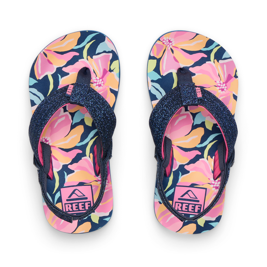 Little Ahi girls’ navy floral sandals top view, durable water-friendly sandals with arch support for beach comfort.