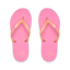 Kids Charming pink flip flops facing up, close-up of soft, water-friendly straps with heart charm and cushioned footbed.