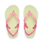 Little Charming girls' flip flops facing up, pink straps with flower detail, lime footbed, comfort focused design.