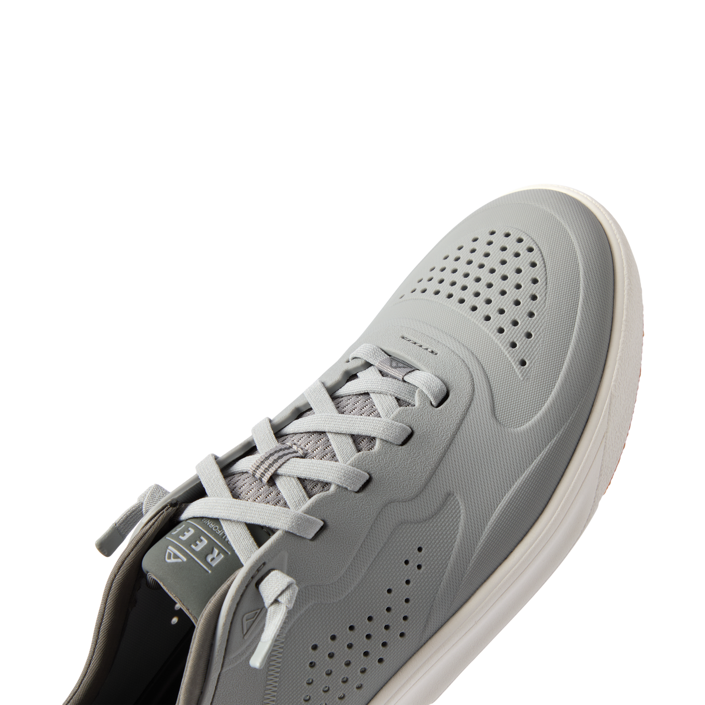 Close-up of the Shoreline Del Mar H2O sneaker facing right, showcasing breathable grey upper and lace detail with arch support.