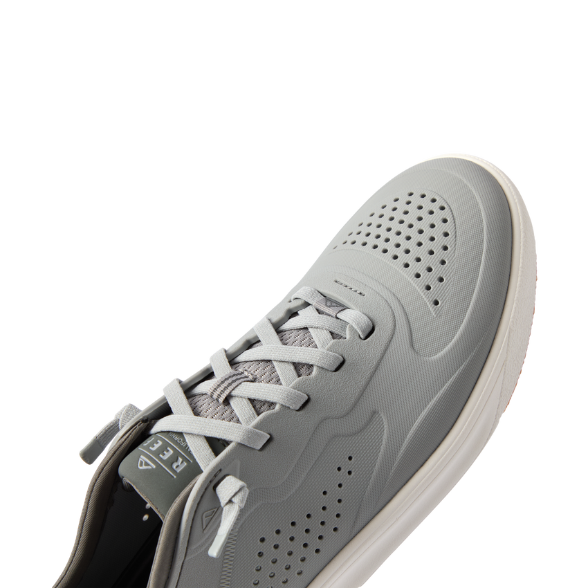 Close-up of the Shoreline Del Mar H2O sneaker facing right, showcasing breathable grey upper and lace detail with arch support.