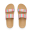 Top view of pair of Kids Cushion Vista sandals for girls with pink multi-color straps and cushioned footbed facing upward.