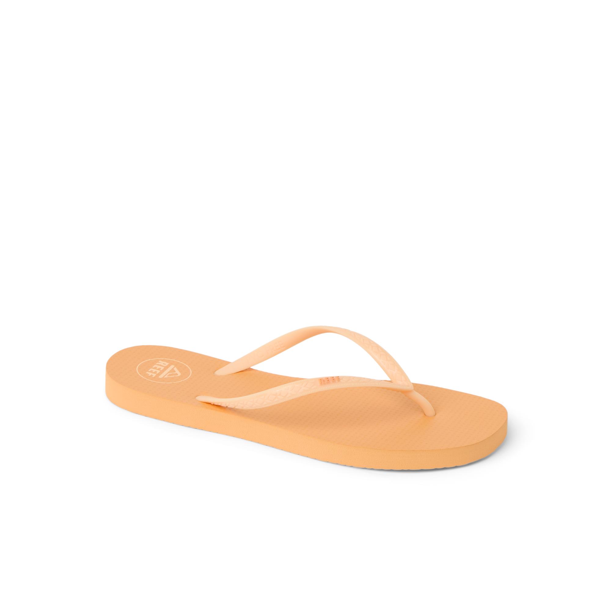 Seaside Square Toe women's flip flop facing left, showing top and side of orange chiffon sandal designed for beach comfort.