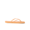 Seaside Square Toe women's orange chiffon sandal facing left, close-up of side profile with soft cushioning and arch support.