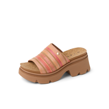Vista Luxe Evie women's platform sandal facing right, close-up of multi-colored water-friendly upper and cushioned sole.