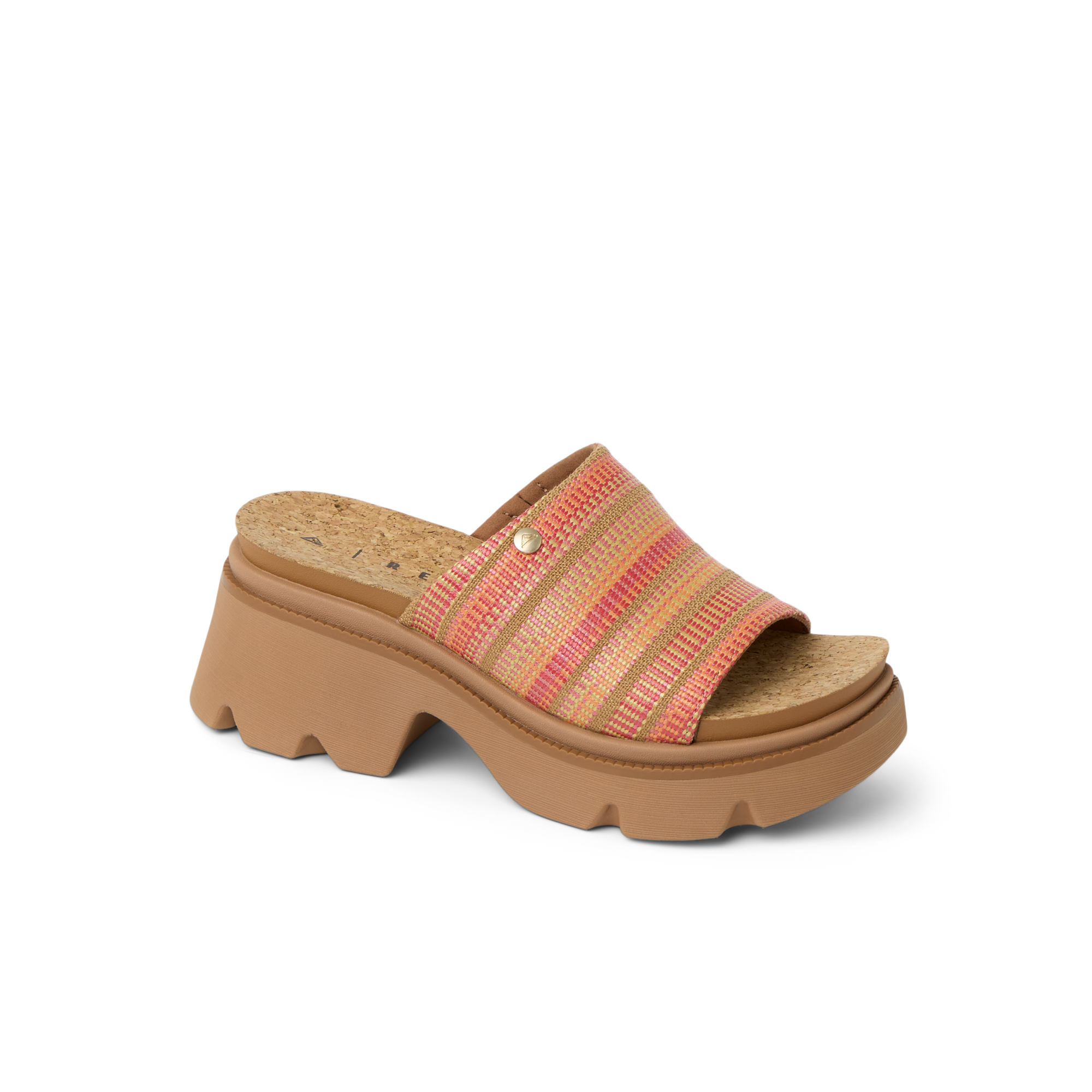 Vista Luxe Evie women's sandal facing right, close-up of multi-color woven upper and cushioned platform sole.