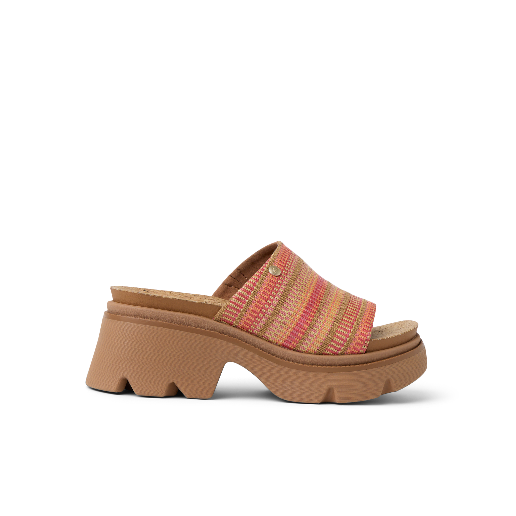 Vista Luxe Evie women's right-facing sandal with multi-colored raffia upper and cushioned platform sole for beach comfort.