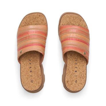 Vista Luxe Evie women's sandals top view showing slip-on front straps in multi raffia with cork footbed for beach comfort.