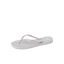 Seaside Square Toe women's silver metallic flip flop facing right, close-up on front with arch support and cushioning