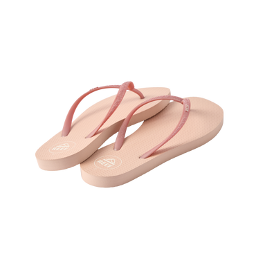 Seaside Square Toe women's sandals, right shoe facing forward, left shoe angled, rose metallic straps, beach-inspired comfort