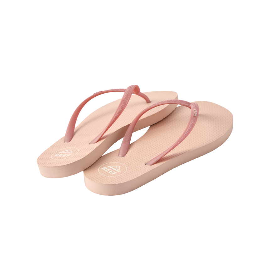 Seaside Square Toe women's sandals, right shoe facing forward, left shoe angled, rose metallic straps, beach-inspired comfort