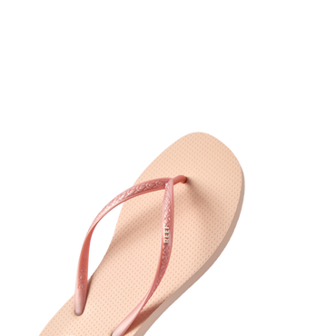 Seaside Square Toe sandal facing right, featuring rose metallic straps with anatomical arch support and cushioned footbed.