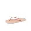 Seaside Square Toe women's flip flop facing right, rose metallic straps, cushioned sole for beach comfort and durability.