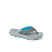 Cruiser sandal facing right, showing charcoal and aqua straps with cushioned footbed for all-day comfort.