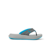 Cruiser flip flop facing right with charcoal gray straps, aqua accents, and cushioned sole for beach comfort by REEF.