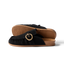 Vista Siena black suede clogs facing left, side view with buckle and textured soles