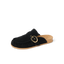 Vista Siena facing left, women's black suede clog mule with cork footbed, buckle detail, and arch support for comfort