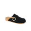 Vista Siena facing right, women's black suede slip-on clog with buckle detail, cork footbed, and anatomical arch support