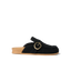 Vista Siena facing right, women's black suede clog mule with buckle detail, anatomical arch support, and soft cushioning for comfort.