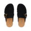 Top view of Vista Siena women's black suede clog with roomy silhouette, buckle detail, and cork footbed for beach-inspired comfort