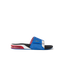 Fanning Slide facing right, showing side profile of blue and red breathable slide with cushioned sole and arch support.