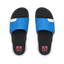 Top view of men's Fanning Slide with blue strap and black footbed, featuring Reef logo, lightweight and water-friendly design.