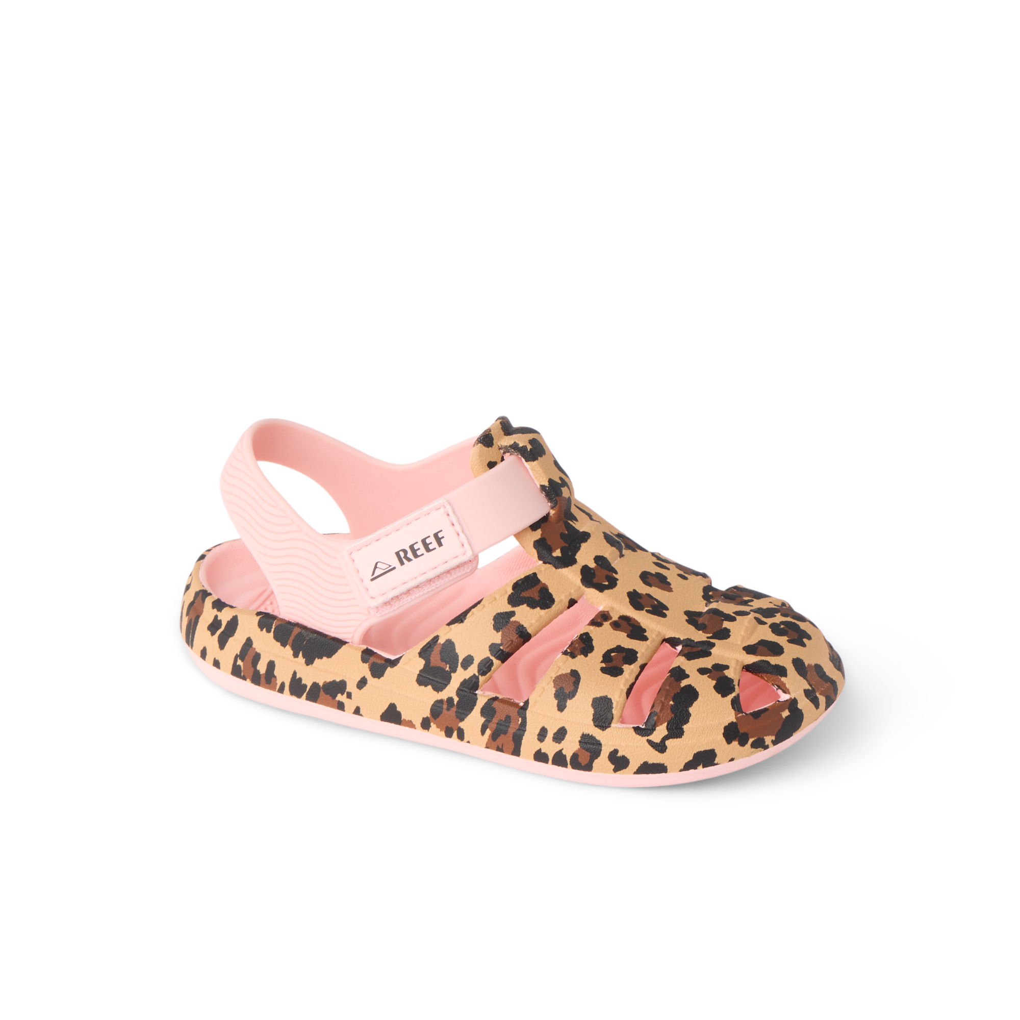 G Totally Beachin sandal facing right, close-up of closed-toe cheetah print with adjustable velcro strap, water-friendly design.