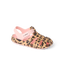 G Totally Beachin sandal facing right, close-up of closed-toe cheetah print with adjustable velcro strap, water-friendly design.
