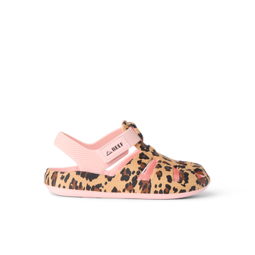 Side view of G Totally Beachin sandal for kids in cheetah print with adjustable velcro strap and cushioned footbed, water-friendly design.