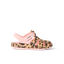 Side view of G Totally Beachin sandal for kids in cheetah print with adjustable velcro strap and cushioned footbed, water-friendly design.