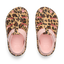 Top view of G Totally Beachin sandals with adjustable velcro strap, leopard print, pink cushioned footbed, water-friendly comfort.