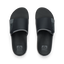 Pair of Fanning + Slide men's black water-friendly slides overhead, soft cushioned footbeds with anatomical arch support.