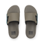 Pair of Fanning + Slide men's brown and spruce water-friendly slides overhead with cushioned footbeds and anatomical arch support.