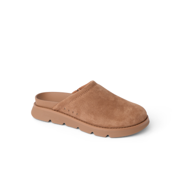 Vista Luxe Mariana women’s brown slip-on clog facing left, soft suede upper with cushioned, arch-support sole.