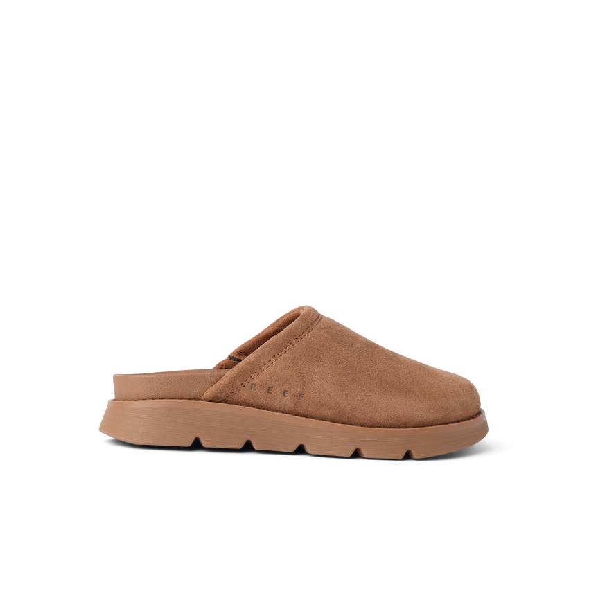 Vista Luxe Mariana women's brown slip-on sandal facing left with cushioned sole and arch support, beach-inspired comfort.