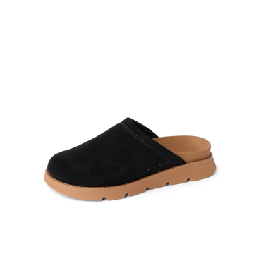 Vista Luxe Mariana womens clog facing right, black upper with tan sole, soft cushioning and arch support visible