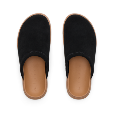Top view of black Vista Luxe Mariana women’s slides with anatomical arch support and soft cushioning for beach comfort