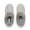 Mikayla gray faux fur slides facing upward, shown from above with cushioned footbeds