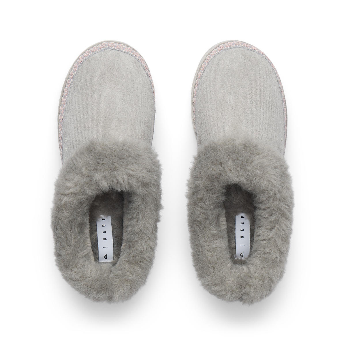 Mikayla gray faux fur slides facing upward, shown from above with cushioned footbeds