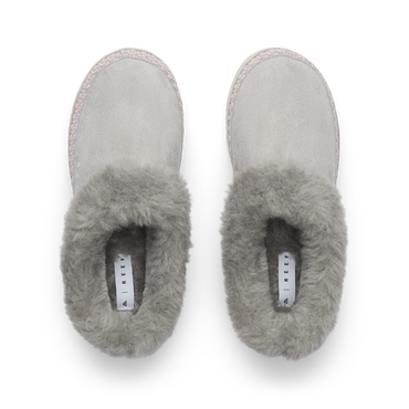 Mikayla gray faux fur slides facing upward, shown from above with cushioned footbeds