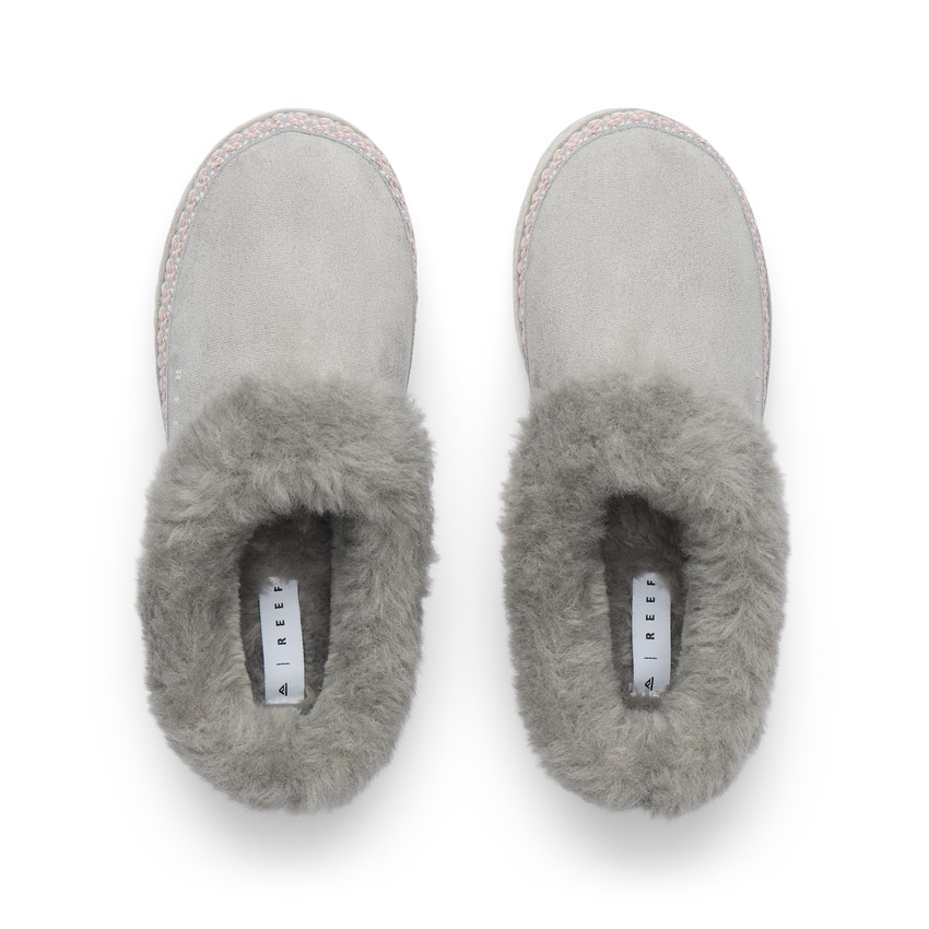 Mikayla gray faux fur slides facing upward, shown from above with cushioned footbeds