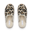 Iryss Slipper pair facing upward with leopard print uppers and plush fleece lining
