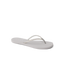 Bliss Bling Fling women's sandal facing left, close-up of cushioned sole and silver straps for beach comfort