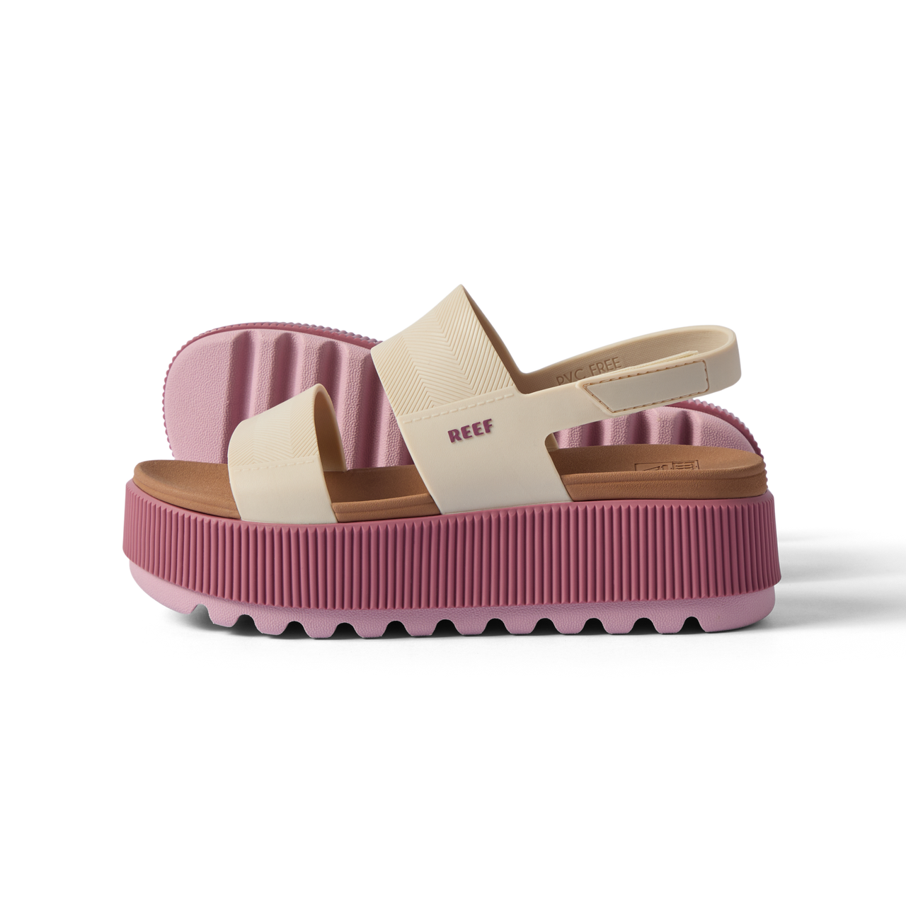 REEF Water Vista Higher platform sandals facing right in side view with adjustable ankle strap and water-friendly comfort