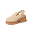 Vista Luxe Solene platform clog facing right, close-up of adjustable buckle strap and suede upper with arch support.