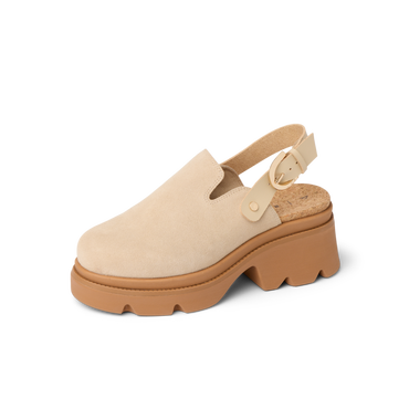 Vista Luxe Solene platform clog facing right, close-up of adjustable buckle strap and suede upper with arch support.