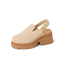 Vista Luxe Solene platform clog facing right, close-up of adjustable buckle strap and suede upper with arch support.
